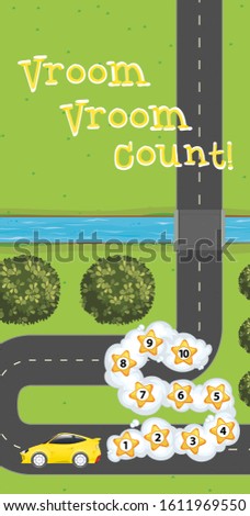 Game template with car and numbers on the road illustration