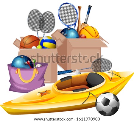 Boxes of sport equipments on white background illustration