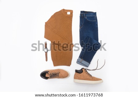 Men's casual outfit. Men's fashion clothing and accessories on white background, top view


