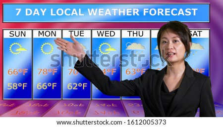 Female Asian American meteorologist gestures to weather chart, original design elements Royalty-Free Stock Photo #1612005373