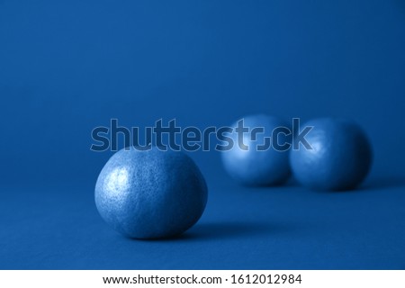 Blue tangerines on a classic blue background as a concept of an artistic idea.