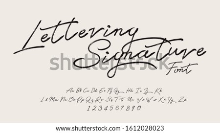 Lettering signature font isolated on grey background. brus style alphabet. Vector logo letters. Royalty-Free Stock Photo #1612028023