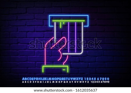 Holding Credit Card Neon Sign. Vector Illustration of Business Promotion. Credit card business, finance design. Night bright neon sign, colorful billboard, light banner. Vector illustration