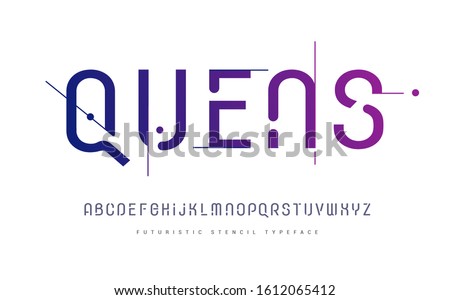 Rounded stencil san serif, alphabet, uppercase letters, typography. electronic dance music, poster font, trendy color Vector illustration. Royalty-Free Stock Photo #1612065412