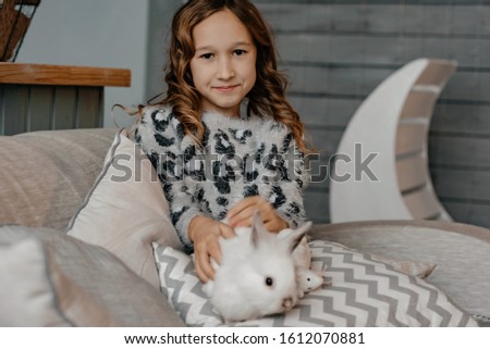 Love for your pet. Rabbit and a girl. Caring for the animal.