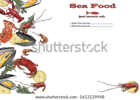 Cooked seafood on top view. Seafood illustration. Logo design.