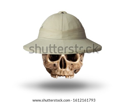 human skull in tropical cork helmet hat isolated on white background Royalty-Free Stock Photo #1612161793