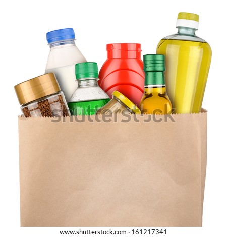 Bag of groceries isolated on white background Royalty-Free Stock Photo #161217341