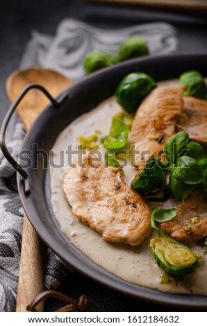 Grilled chicken with garlic cream, delicious brussels sprout