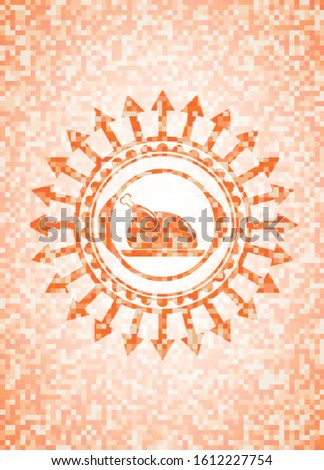 chicken dish icon inside abstract emblem, orange mosaic background