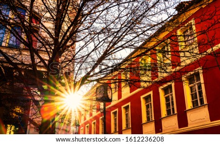 Sun rays through a building and a tree in the downtown area of Prague