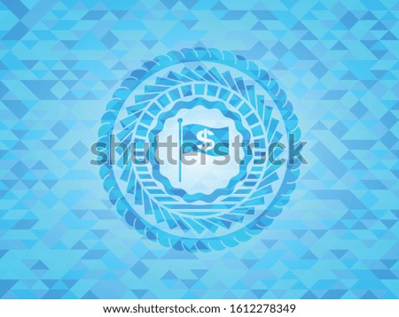 flag with money symbol inside icon inside light blue emblem with triangle mosaic background