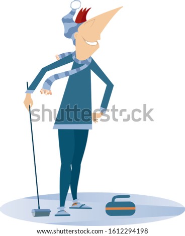 Smiling young man plays curling isolated illustration. Young man with a curling brush and a stone isolated on white illustration
