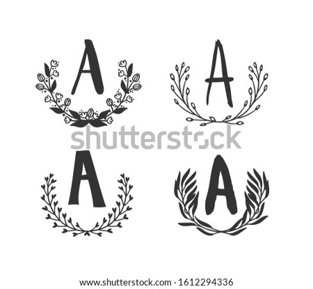 Hand drawn set of monogram objects for design use. Black Vector doodle flower on white background and Capital Letter A.  Abstract pencil boho drawing twig. Artistic illustration elements plant