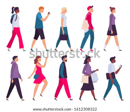 Walking people. Men and women profile, side view walk person and walkers characters. Businessman go work or casual look women go shopping. Isolated  illustration icons set
