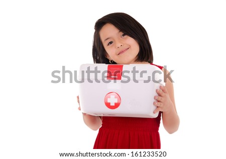 young smiling female carrying a portable first aid kit