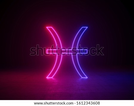 Pisces zodiac sign, glowing neon horoscope background. Astrology concept. 3D Rendering