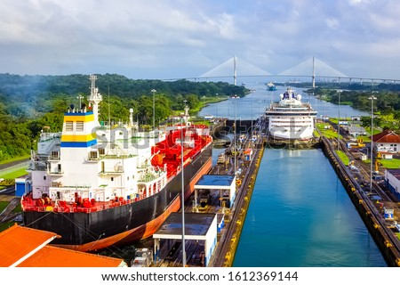 View of Panama Canal from cruise ship at Panama. Royalty-Free Stock Photo #1612369144