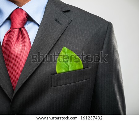Ecology concept, businessman keeping a green leaf in his pocket Royalty-Free Stock Photo #161237432