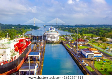 View of Panama Canal from cruise ship at Panama Royalty-Free Stock Photo #1612374598