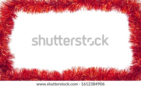 Red tinsel frame on white background, space for text texture design. Holiday, Christmas, New year, postcards.