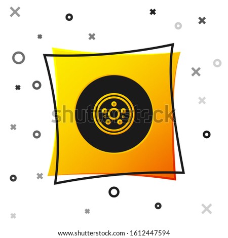Black Car brake disk icon isolated on white background. Yellow square button. Vector Illustration