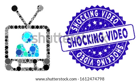 Mosaic television icon and distressed stamp seal with Shocking Video caption. Mosaic vector is formed with television icon and with randomized circle elements.