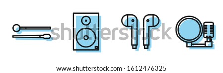 Set line Air headphones, Drum sticks, Stereo speaker and Microphone icon. Vector
