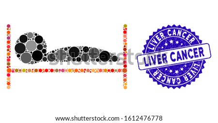 Collage patient bed icon and rubber stamp seal with Liver Cancer caption. Mosaic vector is designed with patient bed icon and with scattered round elements. Liver Cancer stamp seal uses blue color,