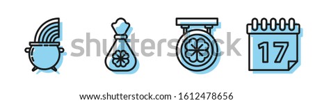 Set line Street signboard with four leaf clover, Witch cauldron and rainbow, Money bag with four leaf clover and Saint Patrick's day with calendar icon. Vector
