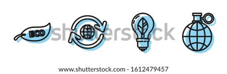 Set line Light bulb with leaf, Leaf Eco symbol, Planet earth and a recycling and Planet earth and a recycling icon. Vector