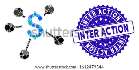 Mosaic money distribution icon and grunge stamp seal with Inter Action text. Mosaic vector is formed from money distribution pictogram and with randomized round items.