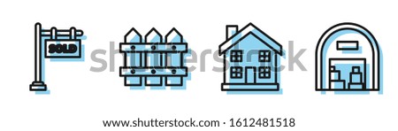 Set line Home symbol, Hanging sign with text Sold, Garden fence wooden and Warehouse icon. Vector