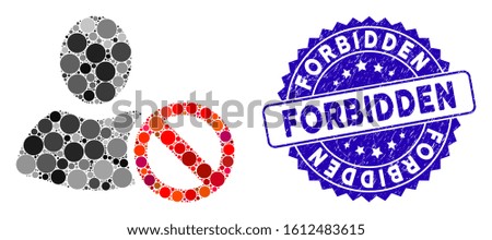 Mosaic forbidden icon and rubber stamp seal with Forbidden caption. Mosaic vector is composed with forbidden icon and with randomized round spots. Forbidden stamp uses blue color, and rubber design.