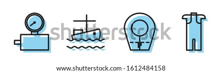 Set line Diving hood, Gauge scale, Fishing boat on water and Wetsuit for scuba diving icon. Vector