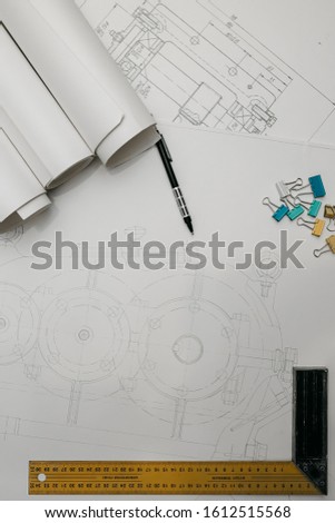 Engineering drawings, protractor, notebook, term paper or diplom