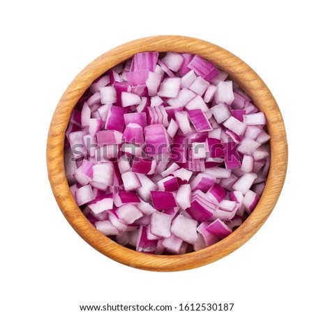 chopped red onions in a wooden bowl isolated , top view Royalty-Free Stock Photo #1612530187