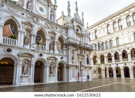 Doge`s Palace or Palazzo Ducale in summer, Venice, Italy. It is famous landmark of Venice. Panoramic view of luxury courtyard of old Doge`s Palace. Beautiful Renaissance architecture of Venice city. Royalty-Free Stock Photo #1612530622