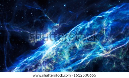 Nebula and galaxies in the universe. Abstract space background. Panoramic view of deep cosmos. Magic blue Veil Nebula and big star in outer space. Elements of this image furnished by NASA.