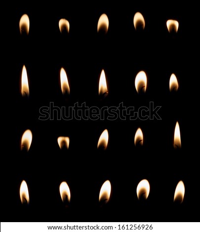 Candle flame set isolated over black background, collection of twenty images