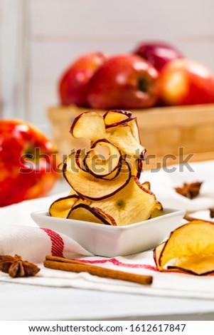 Baked Cinnamon Apple Chips. Selective focus.