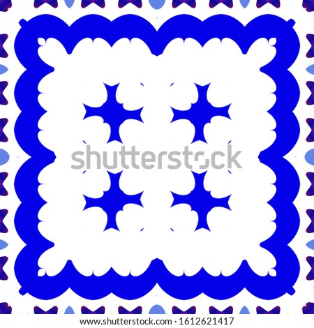 Ethnic ceramic tile in portuguese azulejo. Kitchen design. Vector seamless pattern flyer. Blue vintage ornament for surface texture, towels, pillows, wallpaper, print, web background.