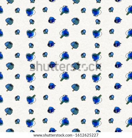 Hand-drawn watercolor seamless pattern with blueberries on white background. Polka dot texture. Simple natiral ornament.