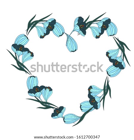 A wreath in the form of a heart made of blue crocuses. Vector illustration.