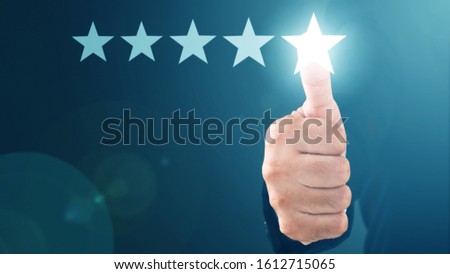 Businessman without head Thumb up five star visual symbol to increase rating of company. COPY SPACE.