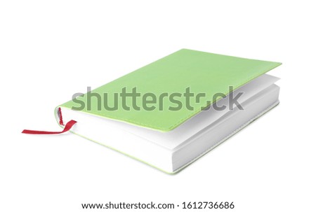 Stylish green notebook with bookmark isolated on white