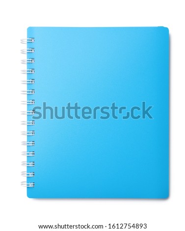 Stylish light blue notebook isolated on white, top view