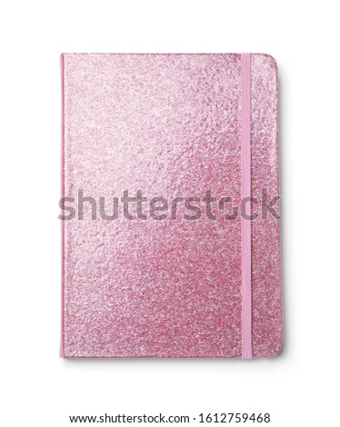 Stylish pink glitter notebook isolated on white, top view
