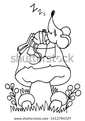Cute boy mouse is sleeping on a big mushroom in the forest. Black and white vector for coloring, for card or gift. 