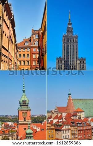 Warsaw, Poland. Cover for travel blog. Collage of 4 photos.
